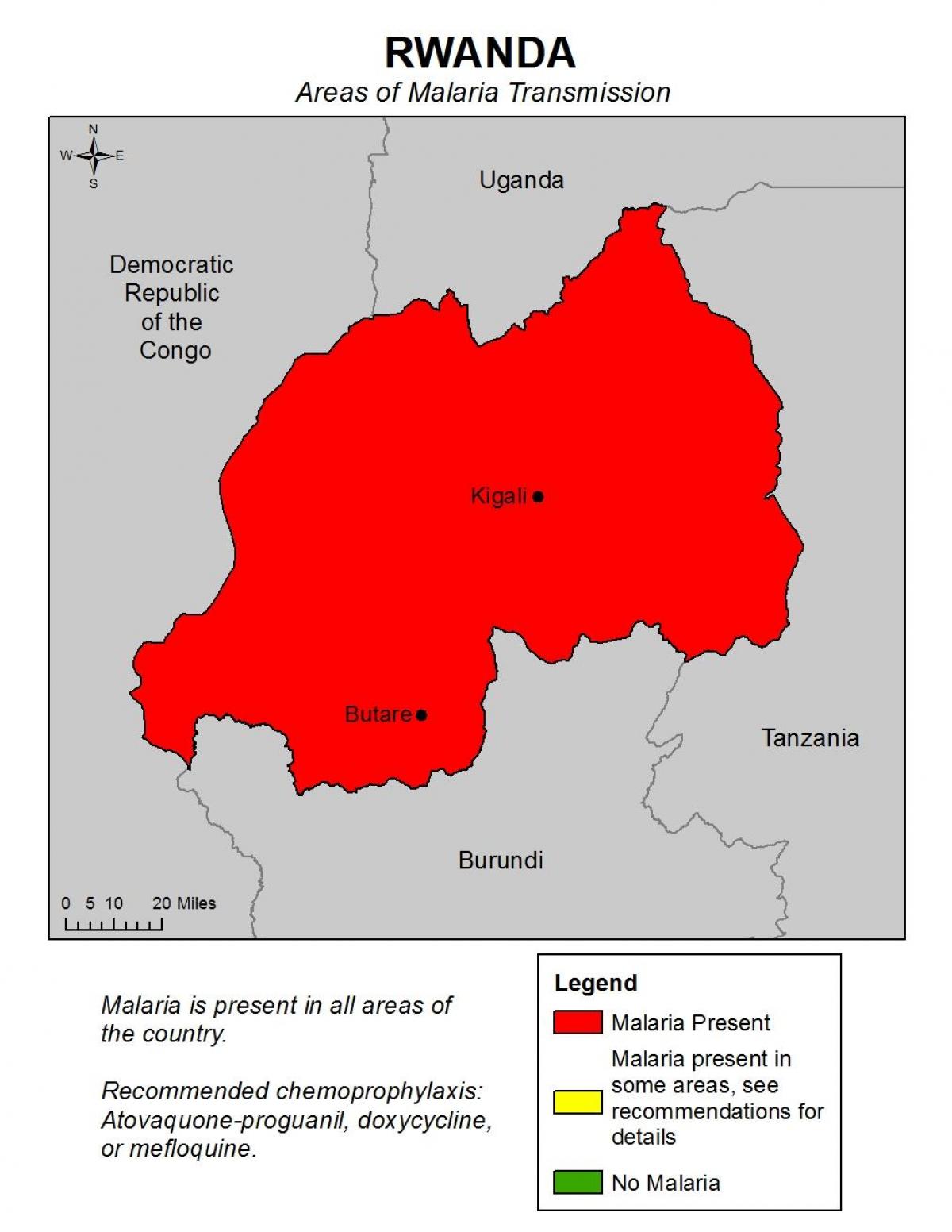 zemljevid Ruandi malarija