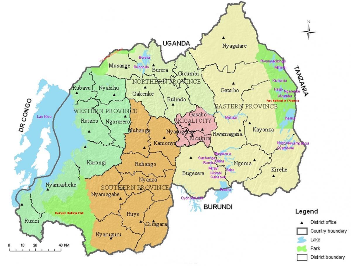 zemljevid Ruandi z okolišev in sektorjih